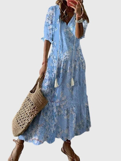 Chloe – Boho Print V Neck Ruffle Sleeve Midi Dress