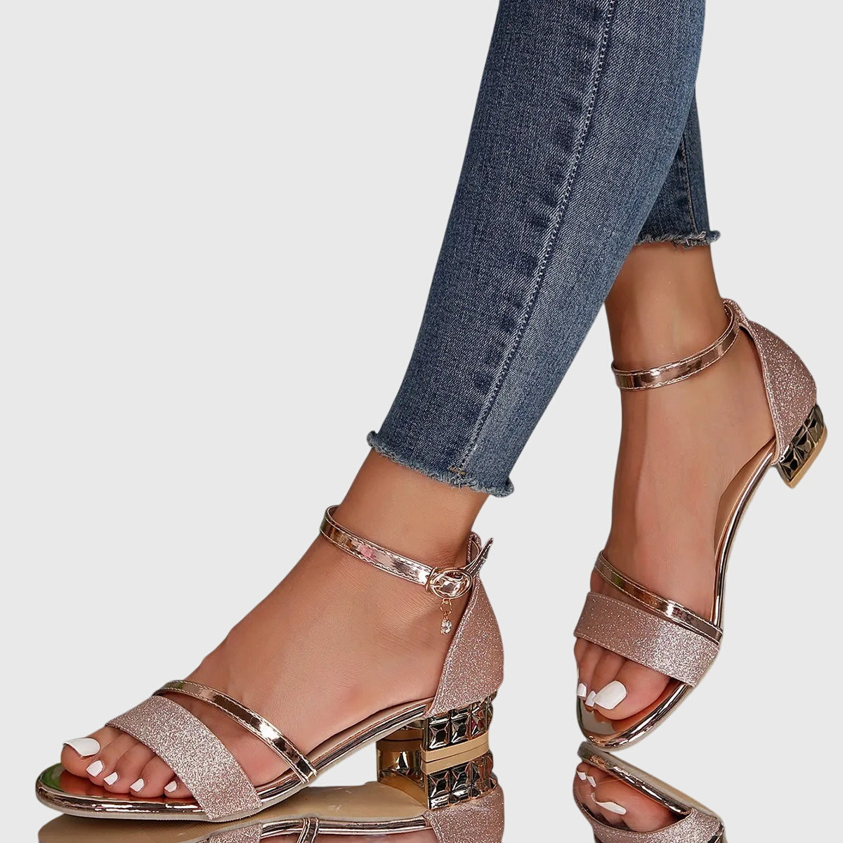 Nora – Beaded Ankle Strap Block Heel Sandals