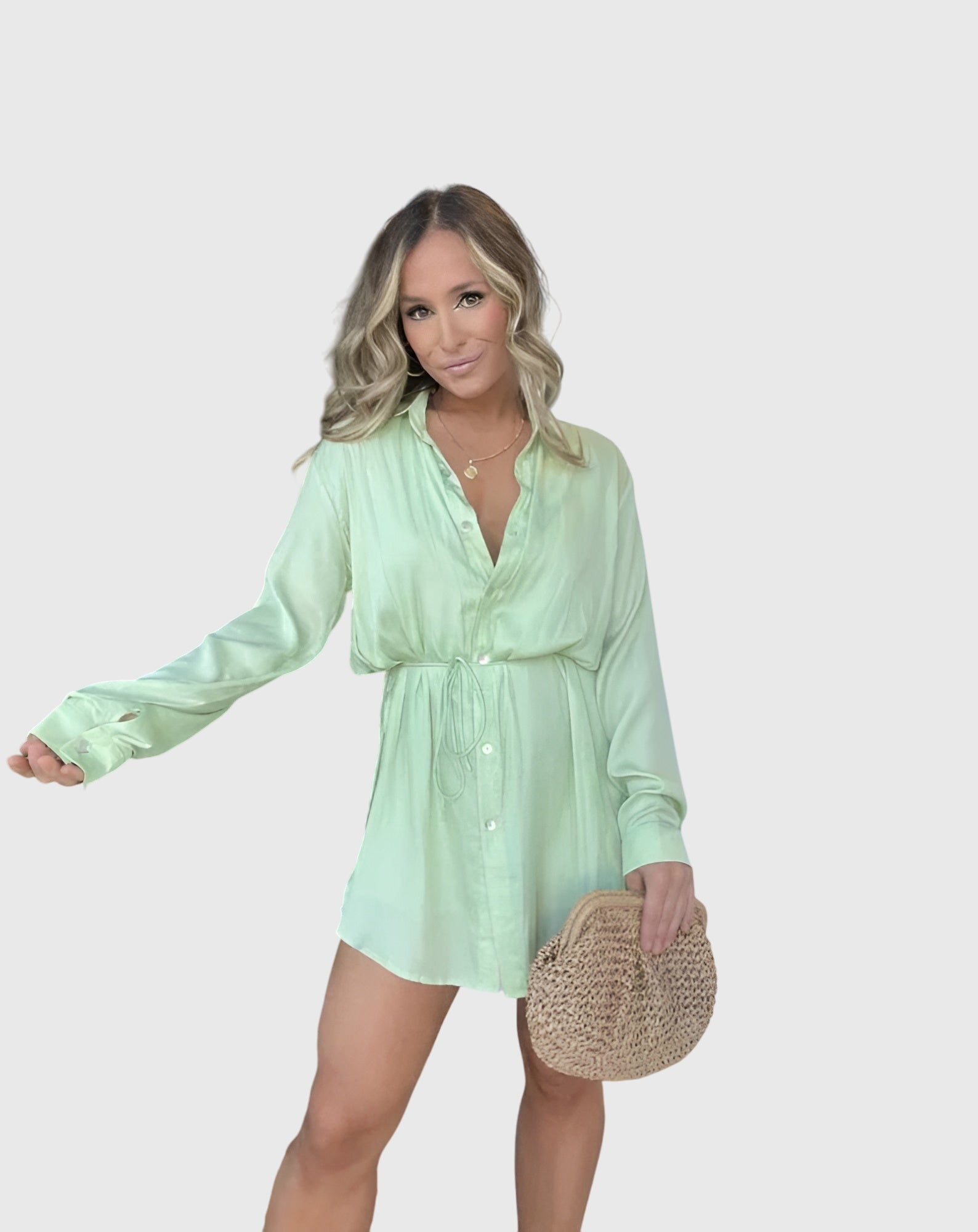 Savannah – Cinched Waist Long Sleeve Mini Shirt Dress
