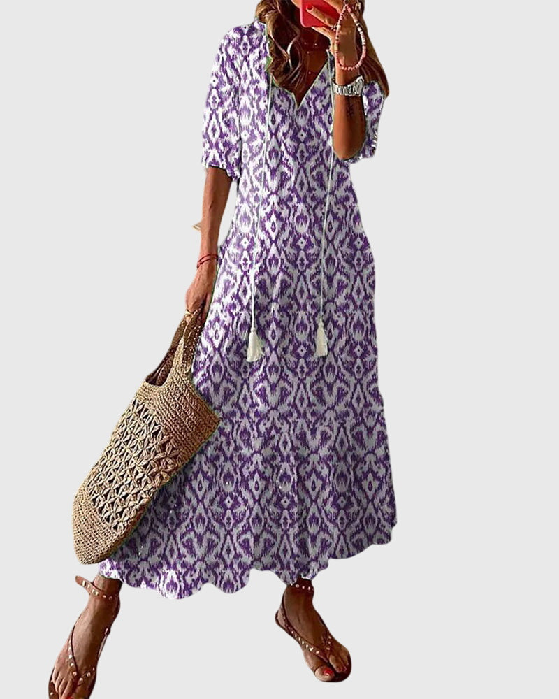 Chloe – Boho Print V Neck Ruffle Sleeve Midi Dress
