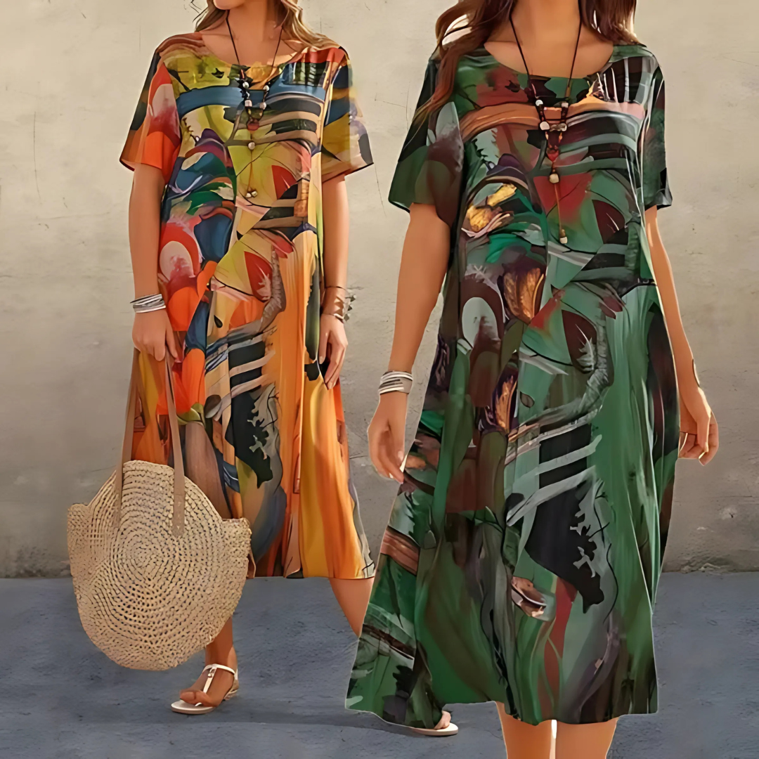 Athena – Abstract Floral Print Short Sleeve Midi Dress