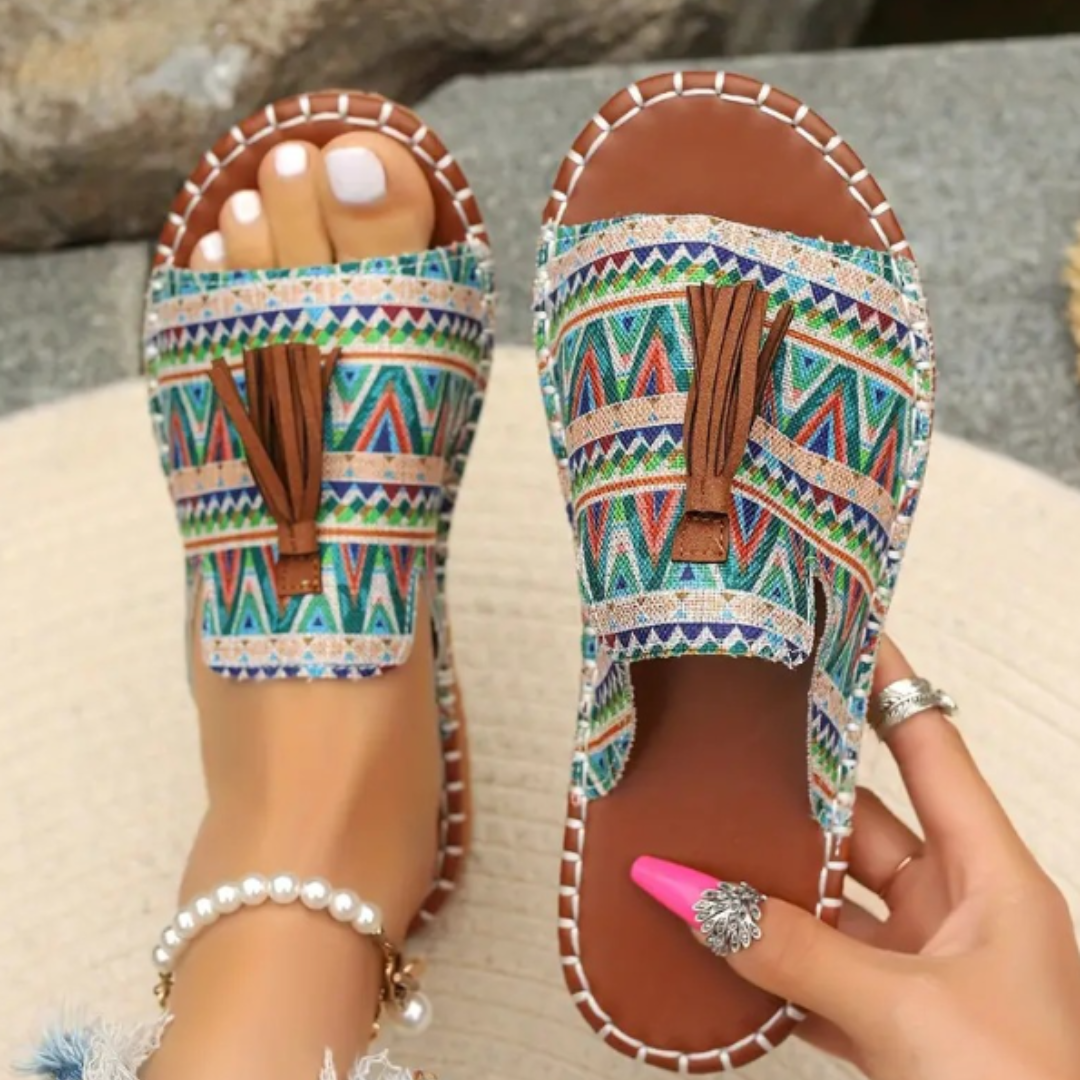Isla – Embroidered Boho Flat Slide Sandals