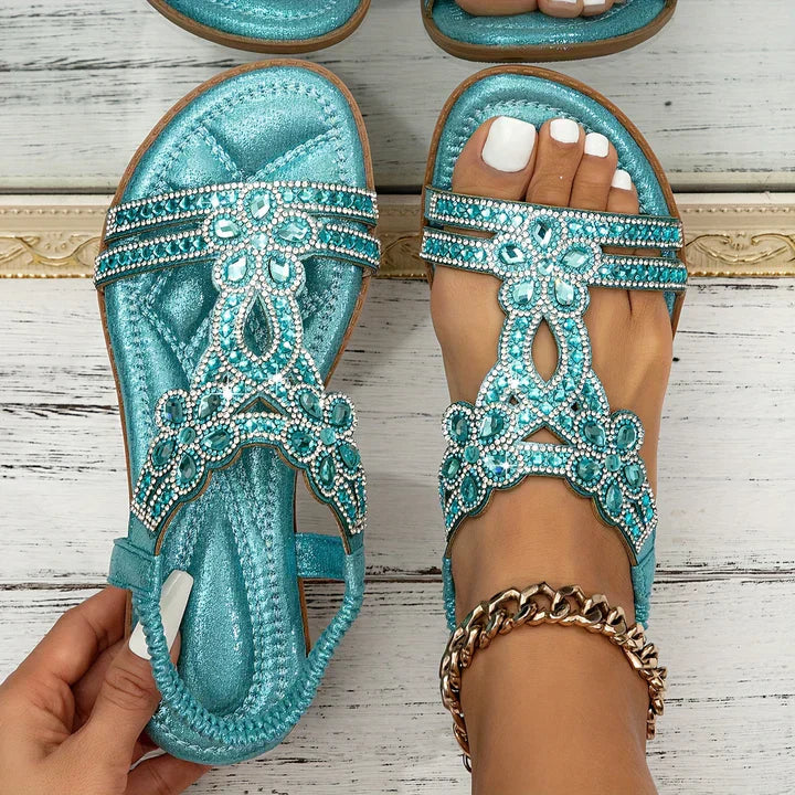 Emma – Rhinestone Boho Low Wedge Sandals