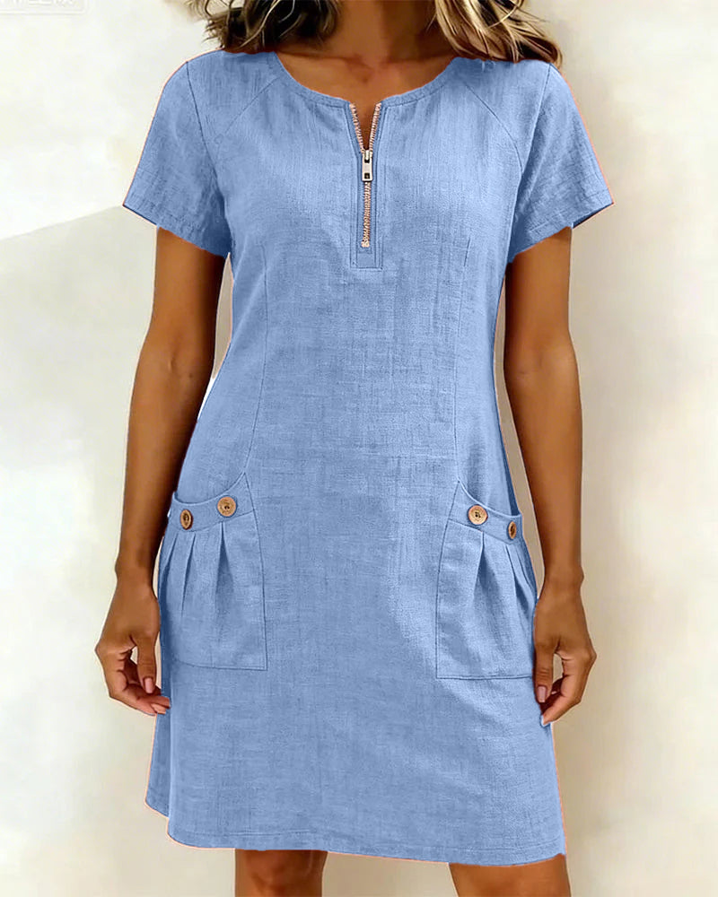 Selena – Zip Neck Short Sleeve Shift Dress