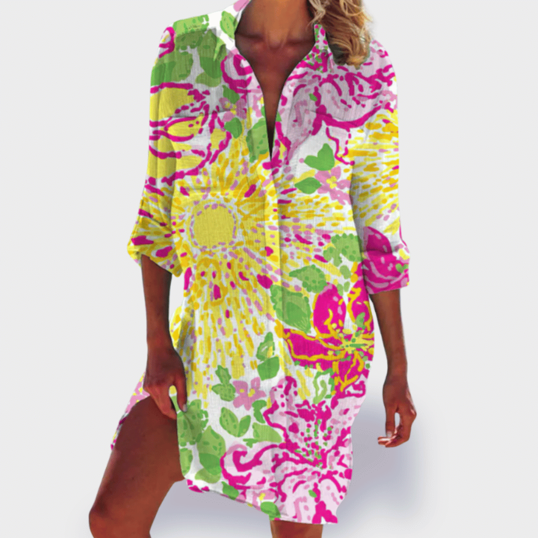 Lia – Tie Dye 3/4 Sleeve Tunic Mini Shirt Dress