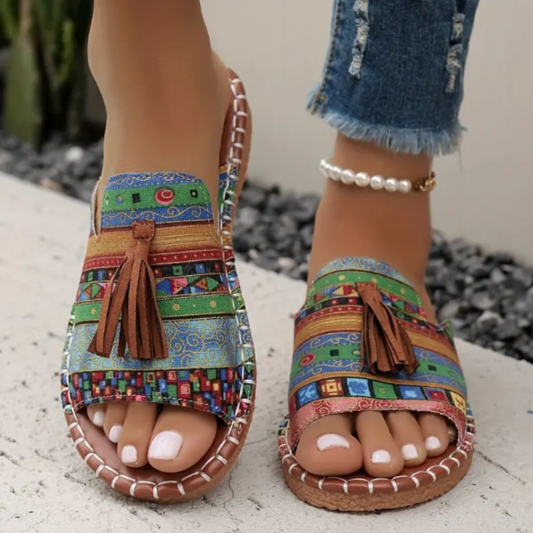 Isla – Embroidered Boho Flat Slide Sandals