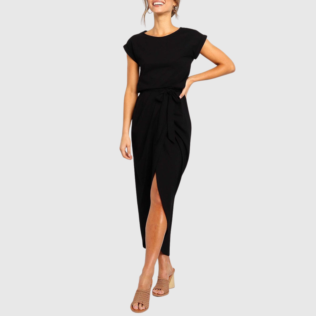 Jolene – Striped Tie Waist Short Sleeve Midi Dress