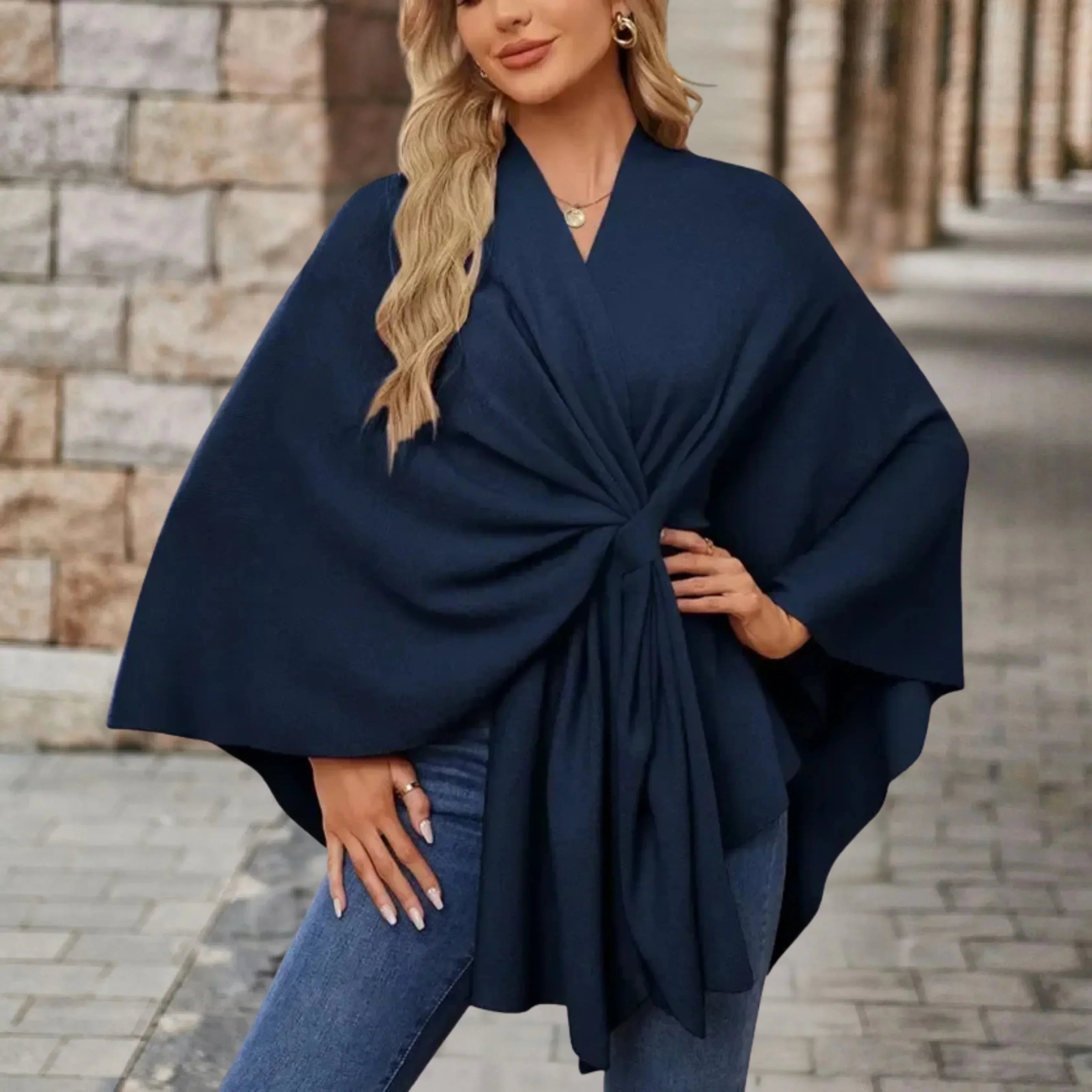 Ava – Draped Twist Front Knit Poncho