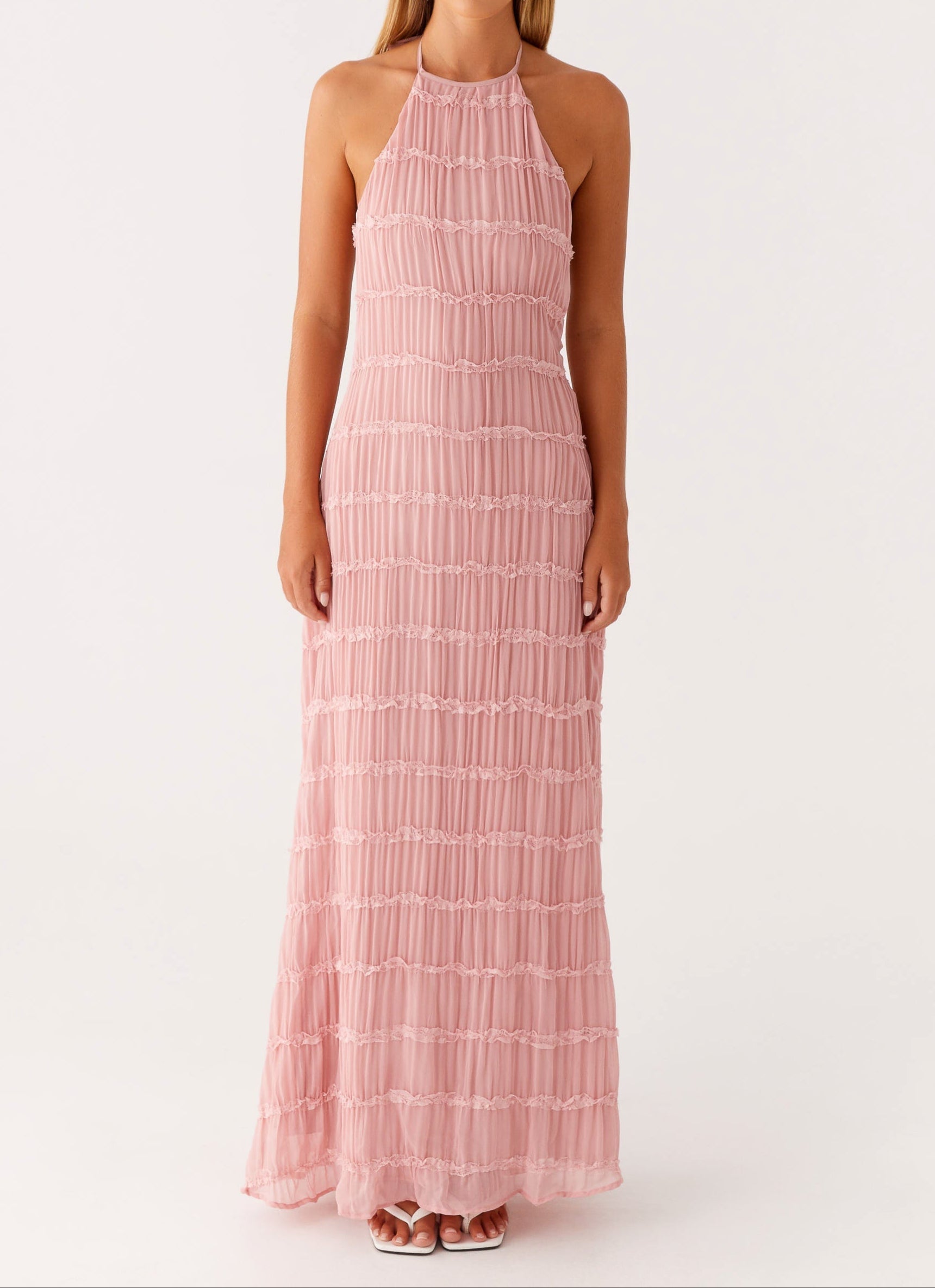 Quinn – Geometric Print Halter Wedding Guest Maxi Dress