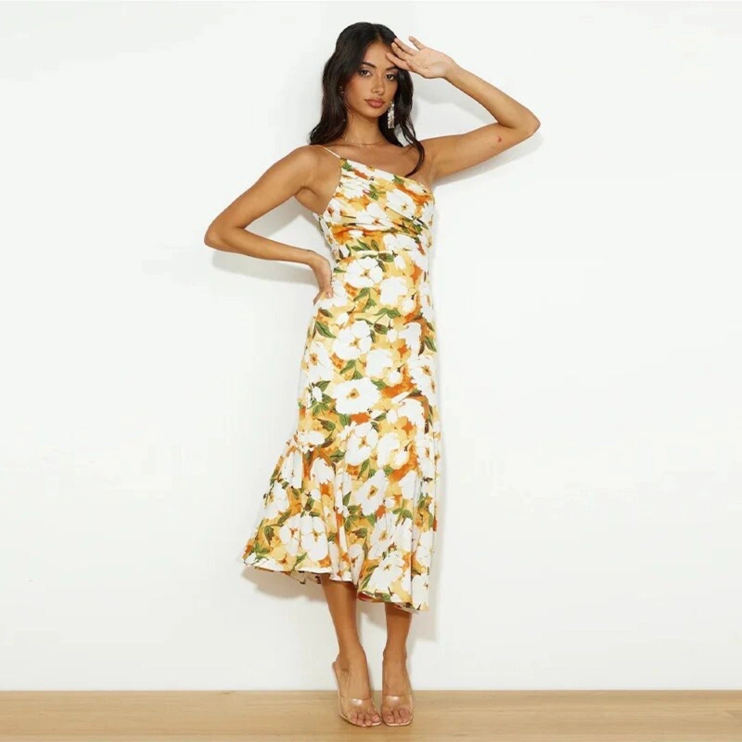 June – Floral Print One Shoulder Ruffle Maxi Dress