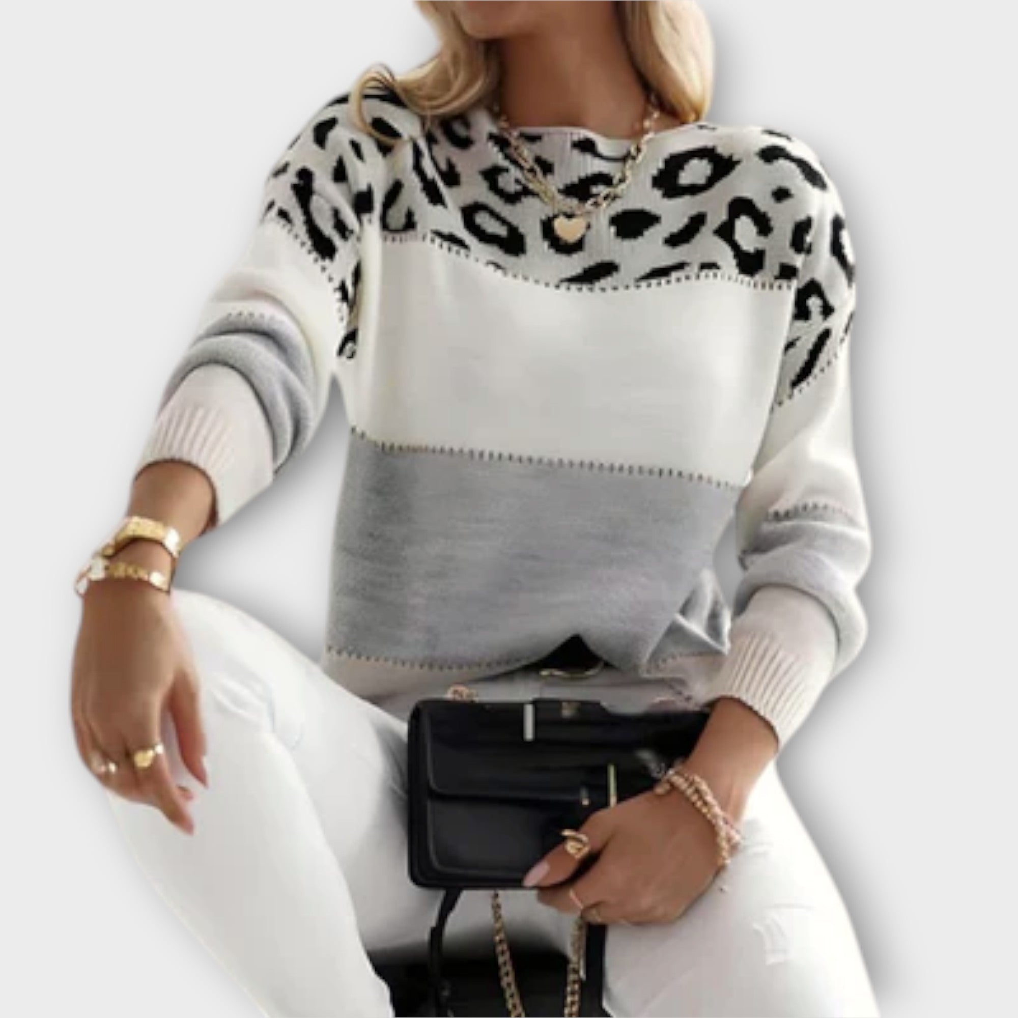 Ellie – Leopard Print Color Block Knit Sweater
