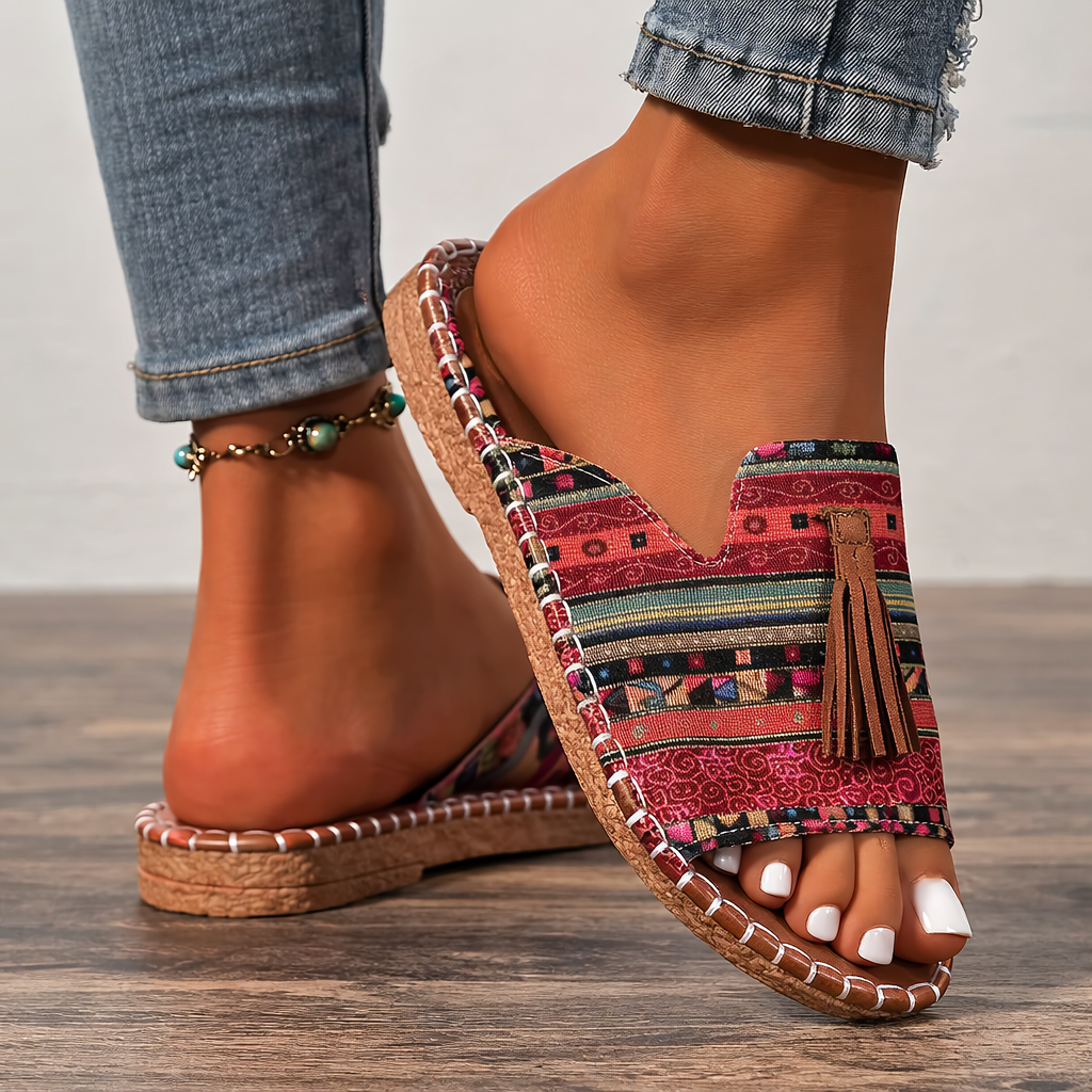 Grace – Boho Embroidered Tassel Slide Sandals