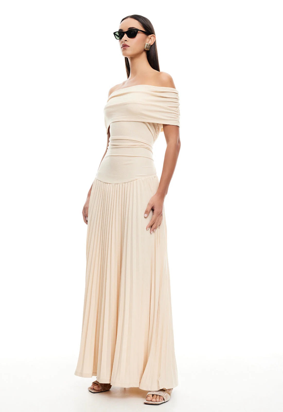 Amara – Off Shoulder Pleated Evening Maxi Dress