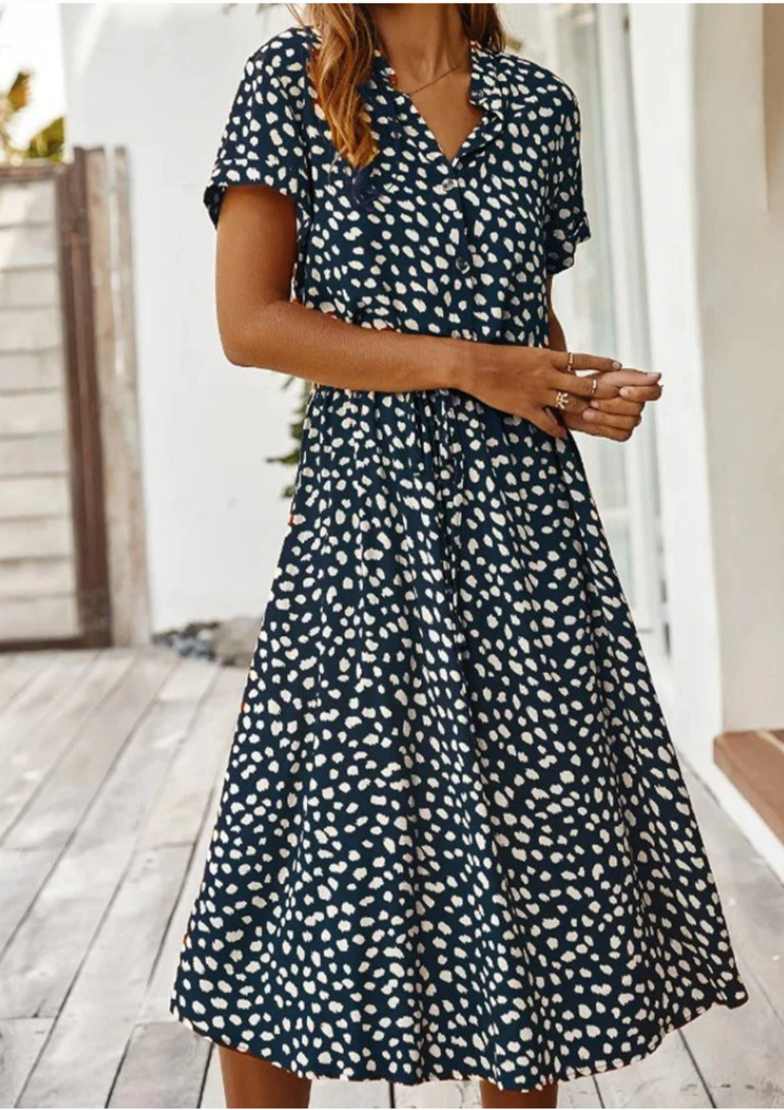Aurora – Spotted Print Short Sleeve A Line Midi Dress