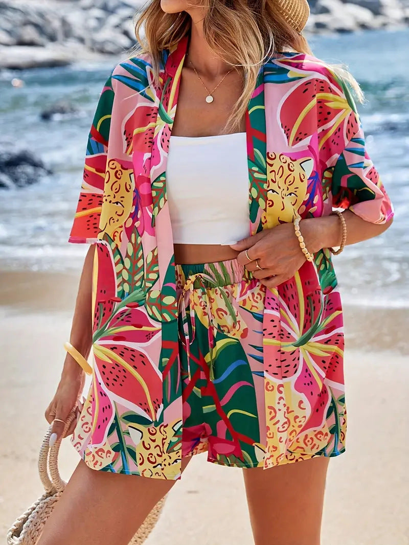 Bella – Floral Kimono Cardigan and Shorts Set