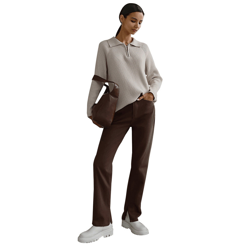 Eloise – Ribbed Half Zip Collared Sweater