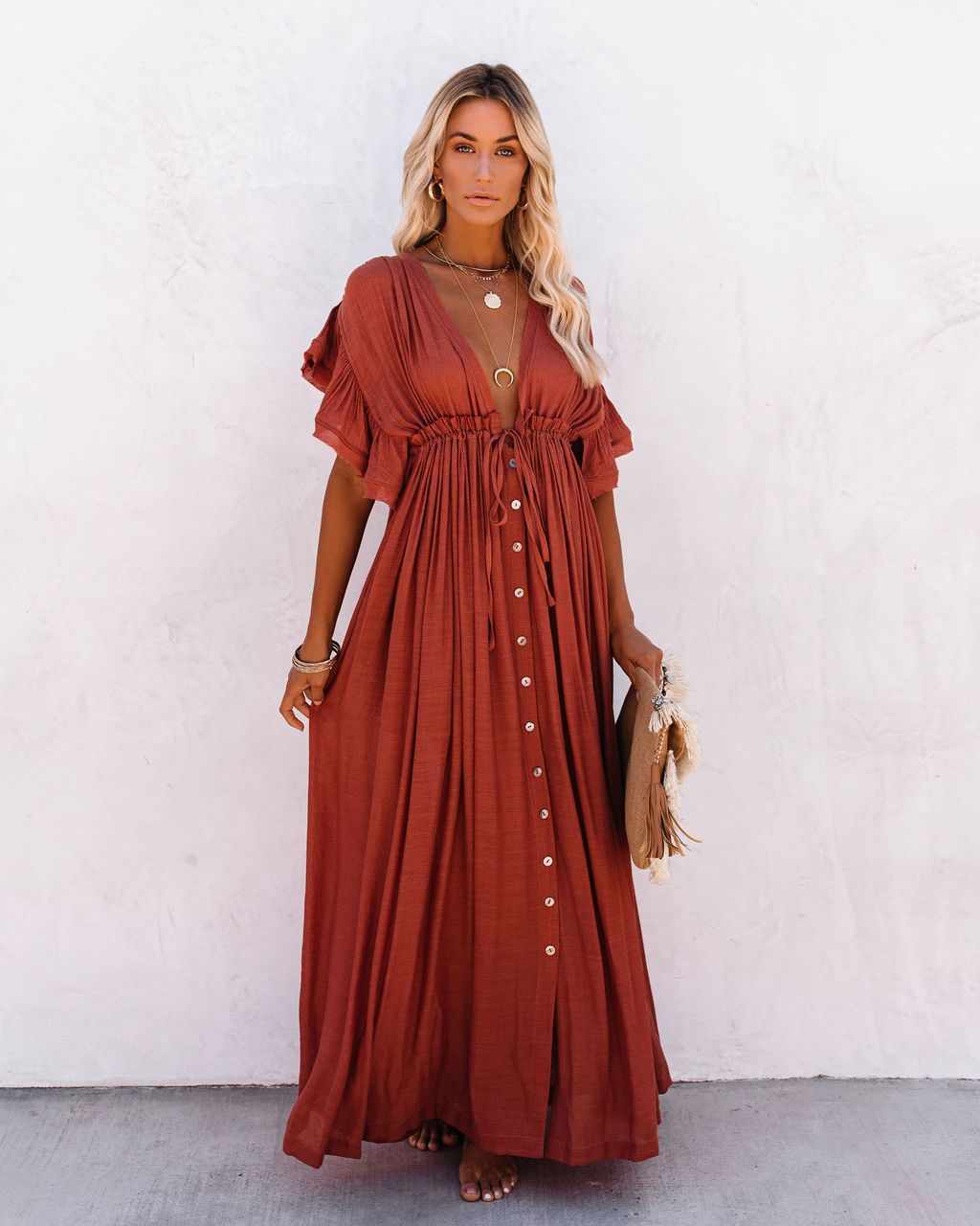 Sophia – V Neck Ruffle Sleeve Beach Maxi Dress
