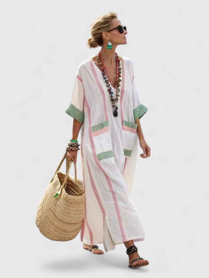 Adeline – Striped V Neck Kaftan Midi Dress