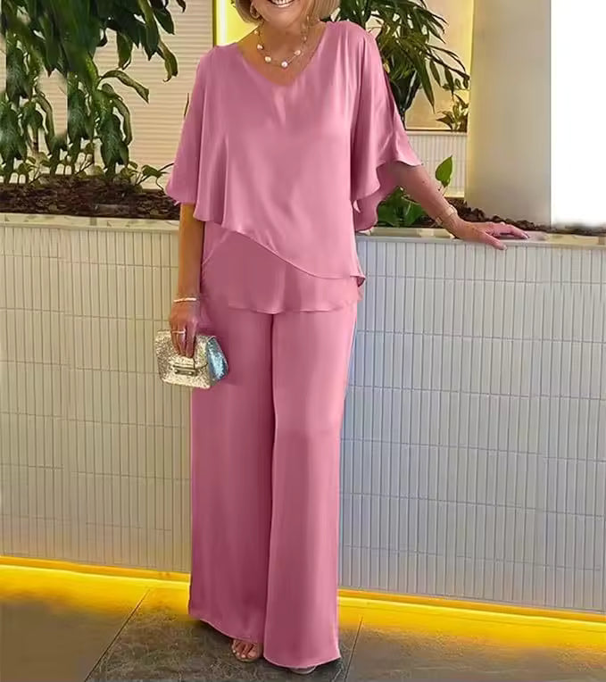Allison – Draped V Neck Top and Wide Leg Pants Evening Set
