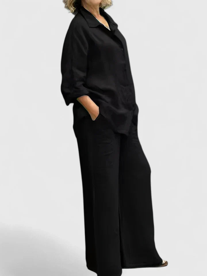 Luna – Pleated Button Up Shirt and Wide Leg Pants Set