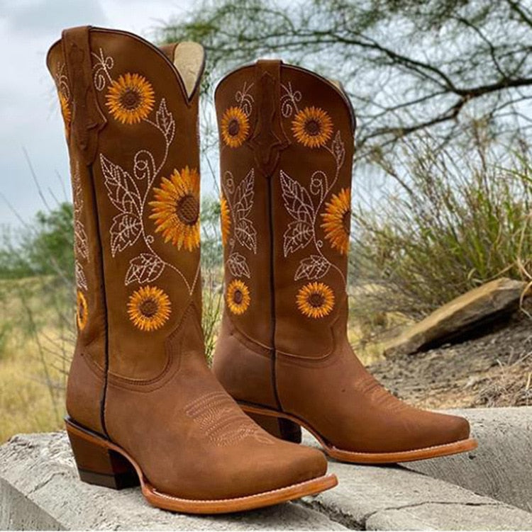Emma – Sunflower Embroidered Cowboy Boots
