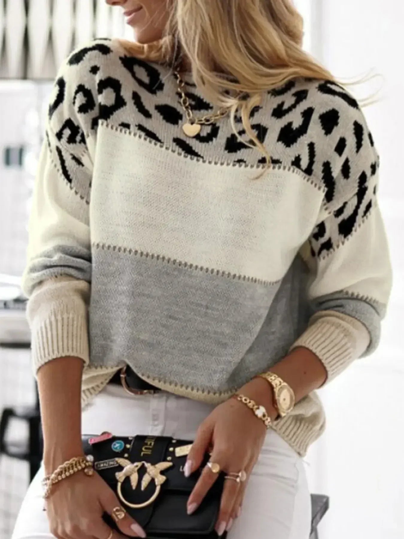Ellie – Leopard Print Color Block Knit Sweater
