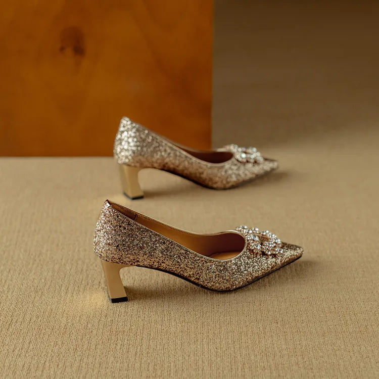 Cora – Glitter Pointed Toe Block Heel Pumps