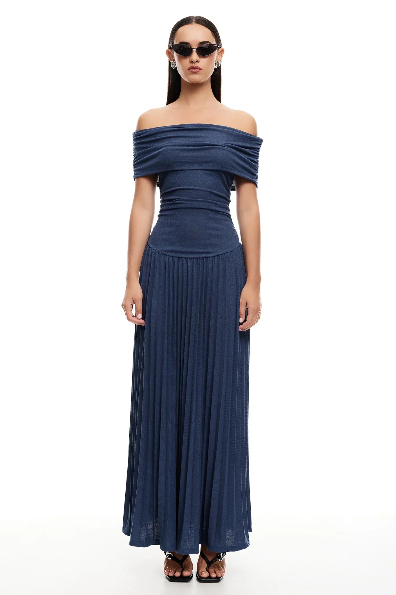 Saskia – Off Shoulder Pleated Evening Maxi Dress