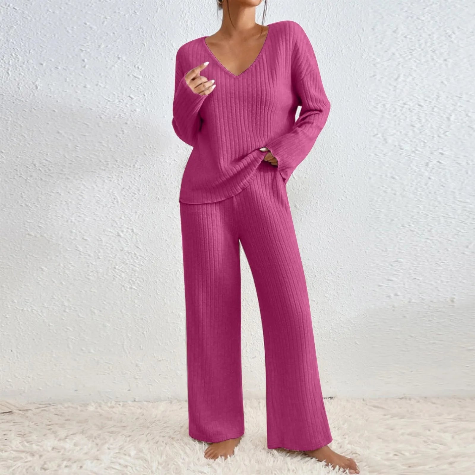 Adalynn – V Neck Knit Sweater and Wide Leg Pants Set