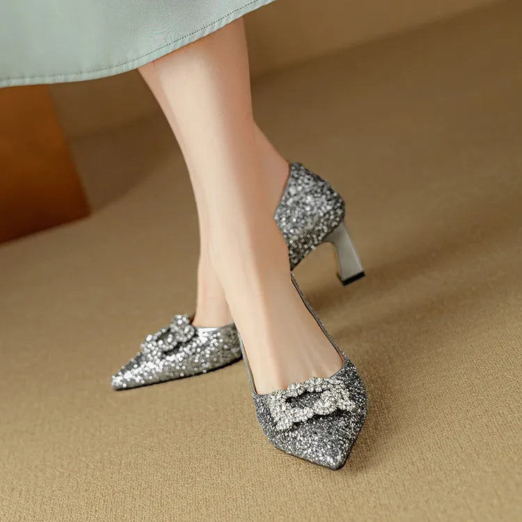 Cora – Glitter Pointed Toe Block Heel Pumps