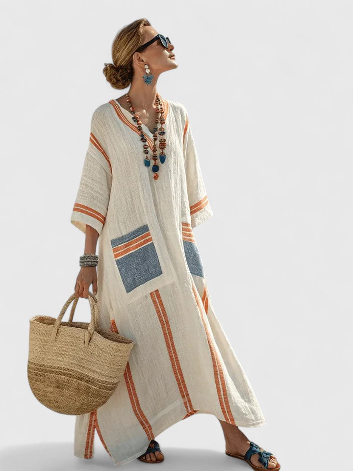 Adeline – Striped V Neck Kaftan Midi Dress