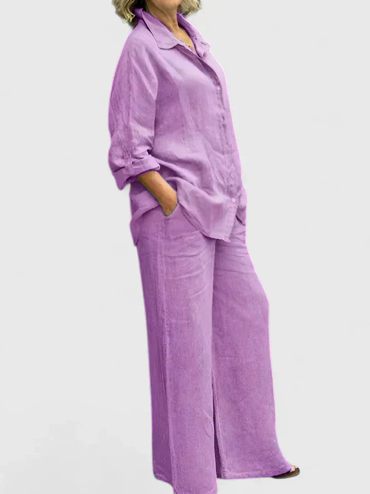 Luna – Pleated Button Up Shirt and Wide Leg Pants Set
