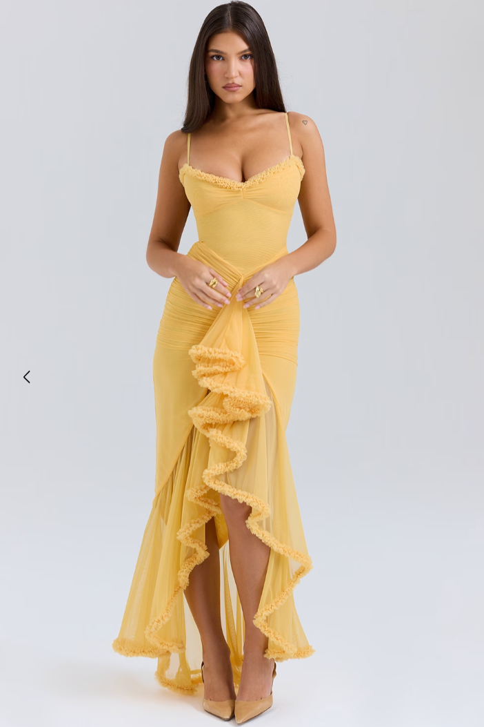 Nora – Ruched Ruffle High Low Party Midi Dress