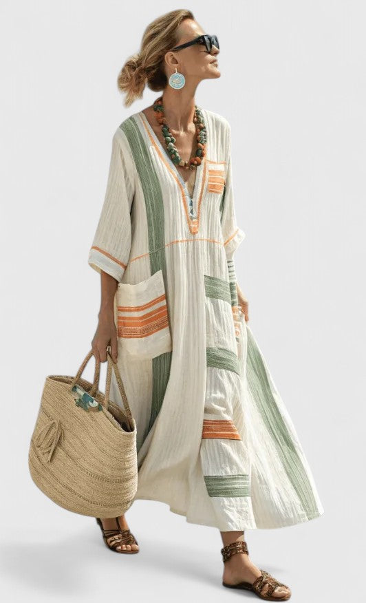 Adeline – Striped V Neck Kaftan Midi Dress