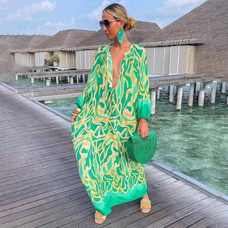 Evangeline – Abstract Print V Neck Kaftan Maxi Dress