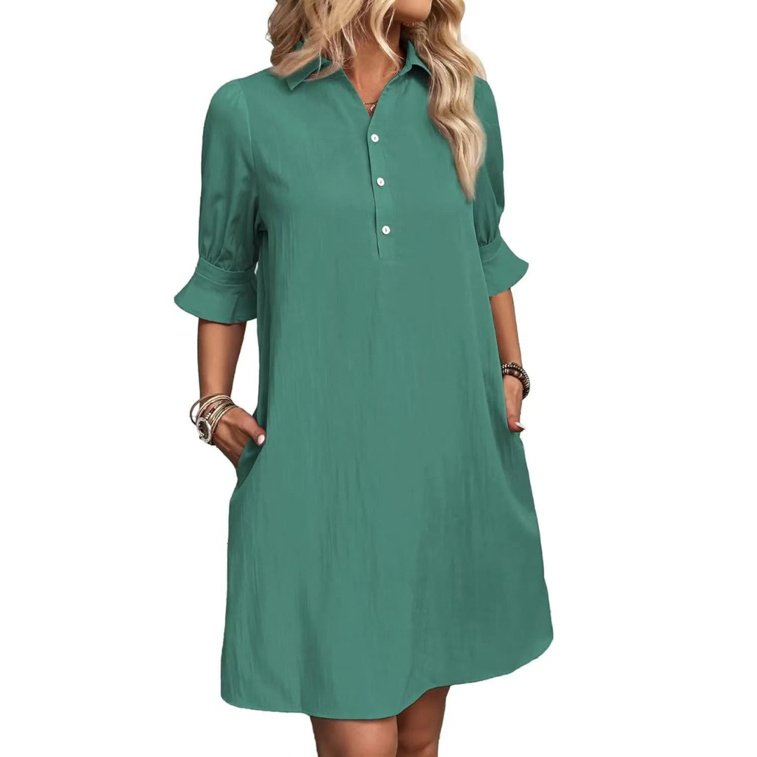 Skylar – Collared Long Sleeve Swing Mini Shirt Dress