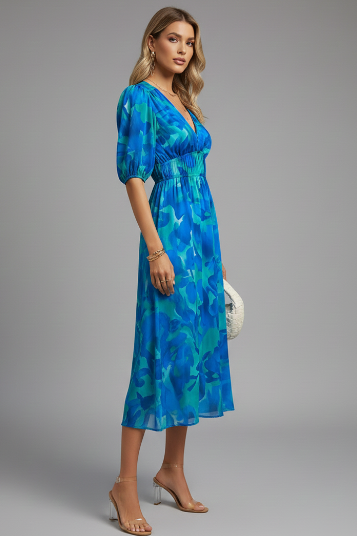 Kinsley – Floral V Neck Puff Sleeve Maxi Dress