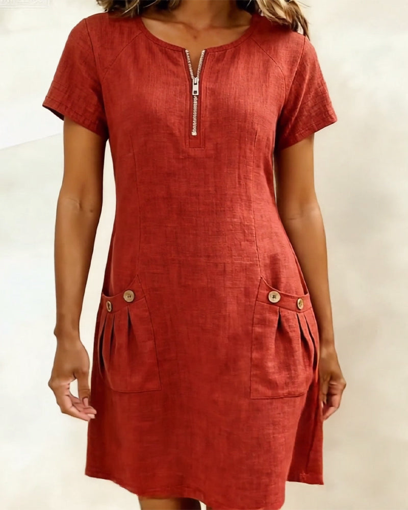 Selena – Zip Neck Short Sleeve Shift Dress