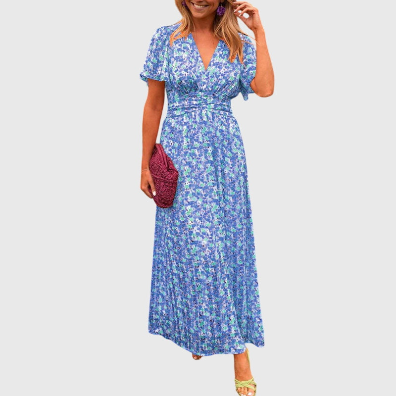 Hazel – Ditsy Floral V Neck Puff Sleeve Midi Dress