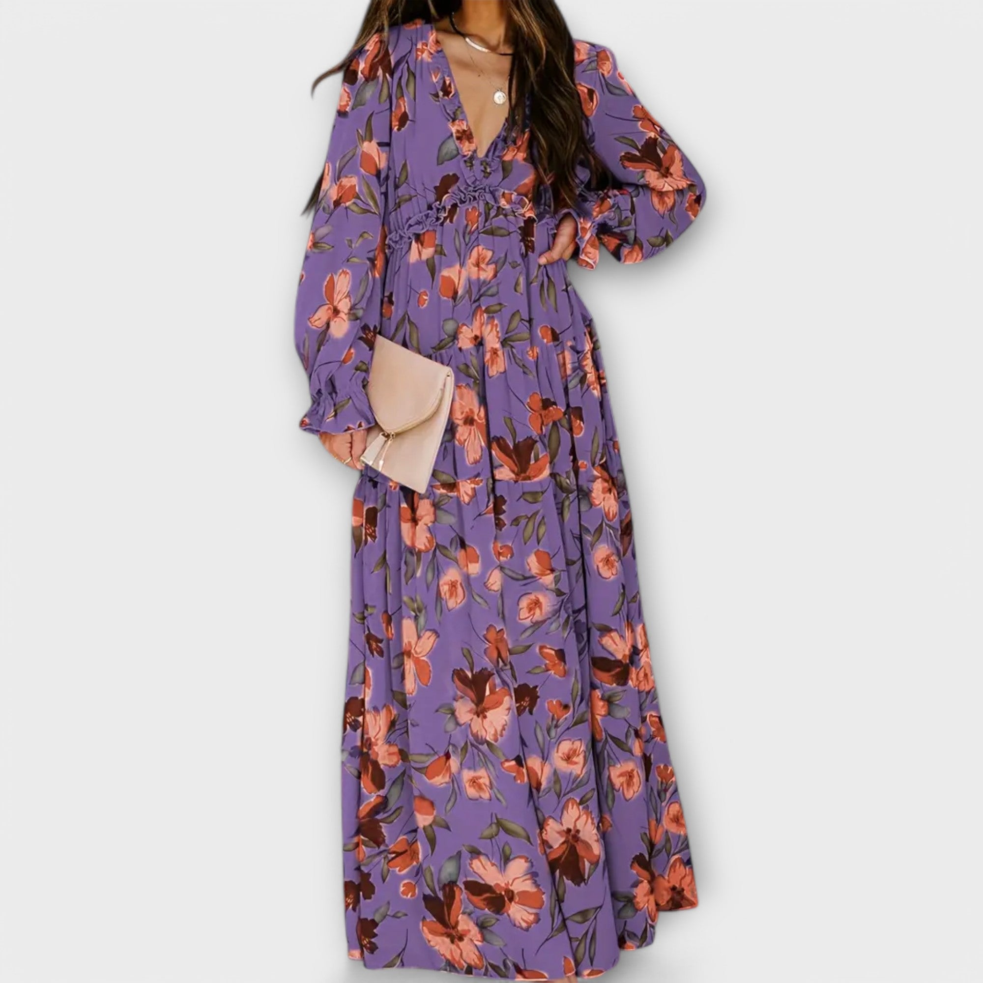 Kennedy – Floral V Neck Long Sleeve Tiered Maxi Dress