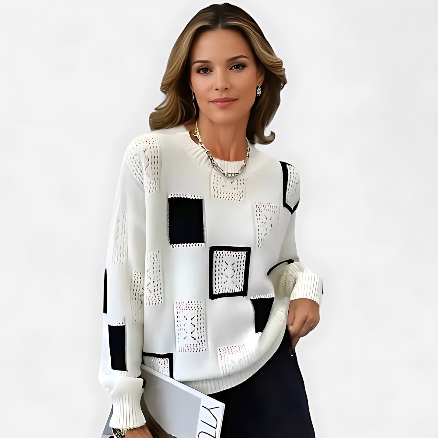 Aaliyah – Geometric Print Crew Neck Knit Sweater