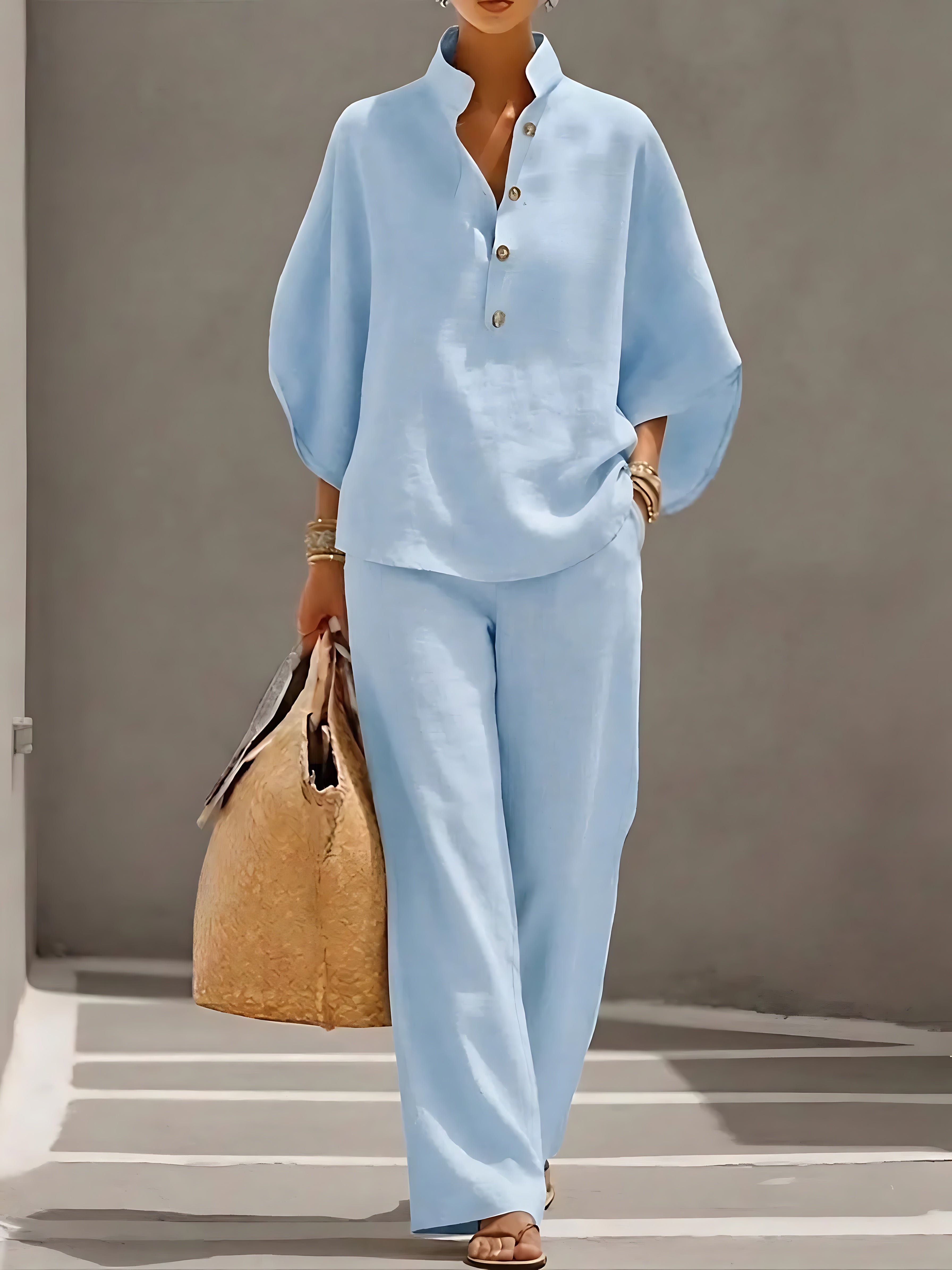 Abigail – Button Up Collared Shirt and Wide Leg Pants Set