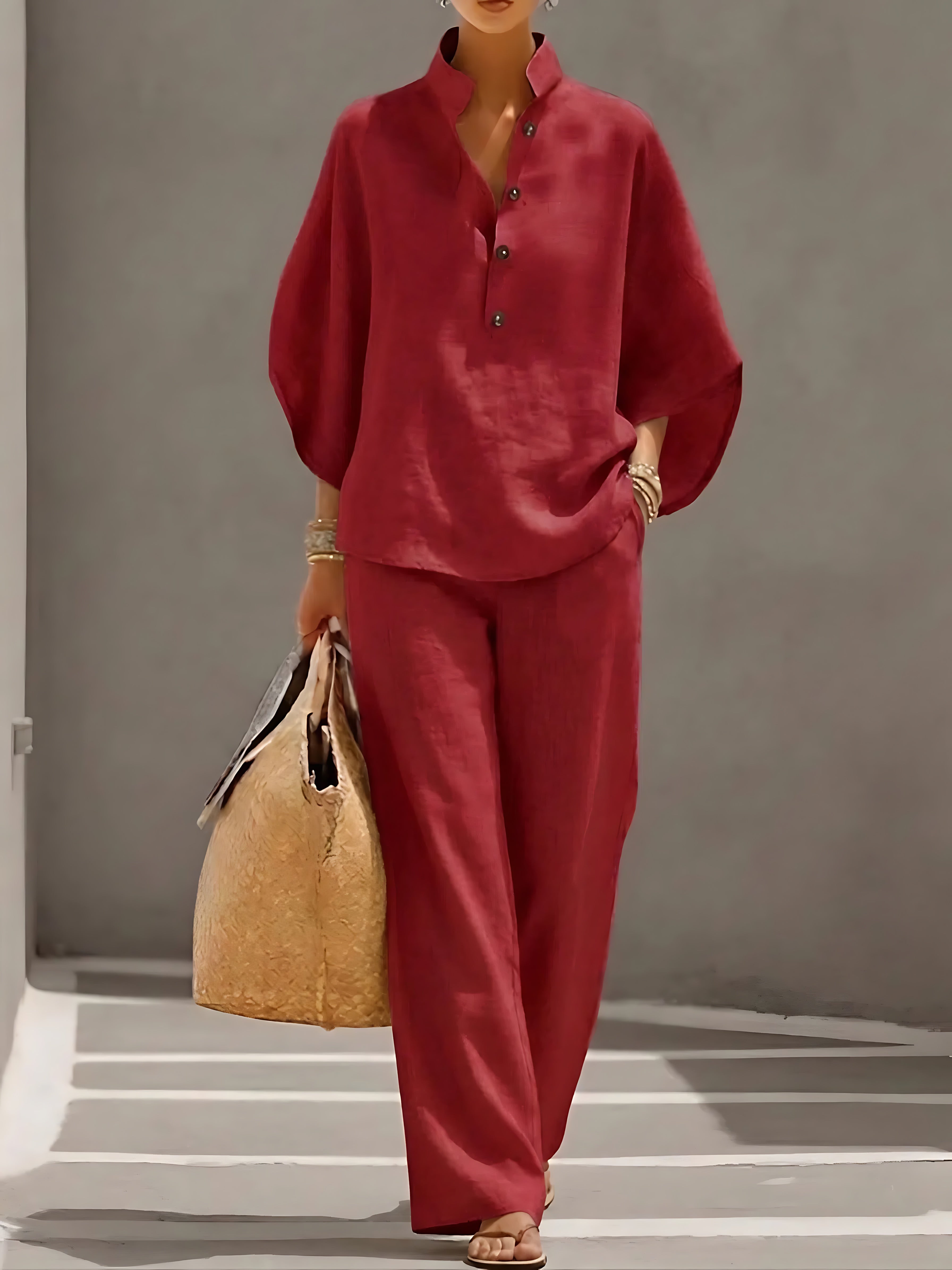 Abigail – Button Up Collared Shirt and Wide Leg Pants Set