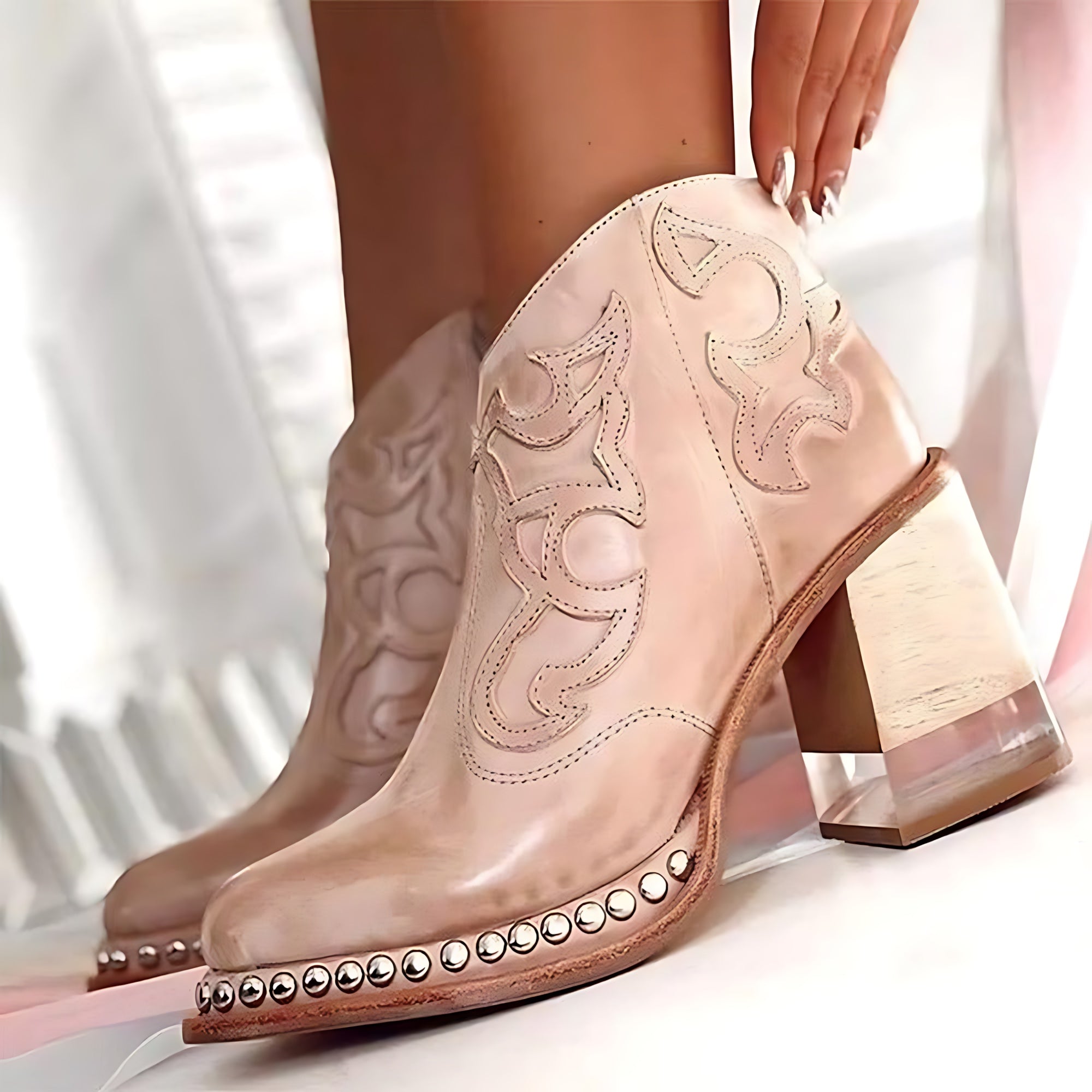 Abigail – Embroidered Block Heel Western Ankle Boots
