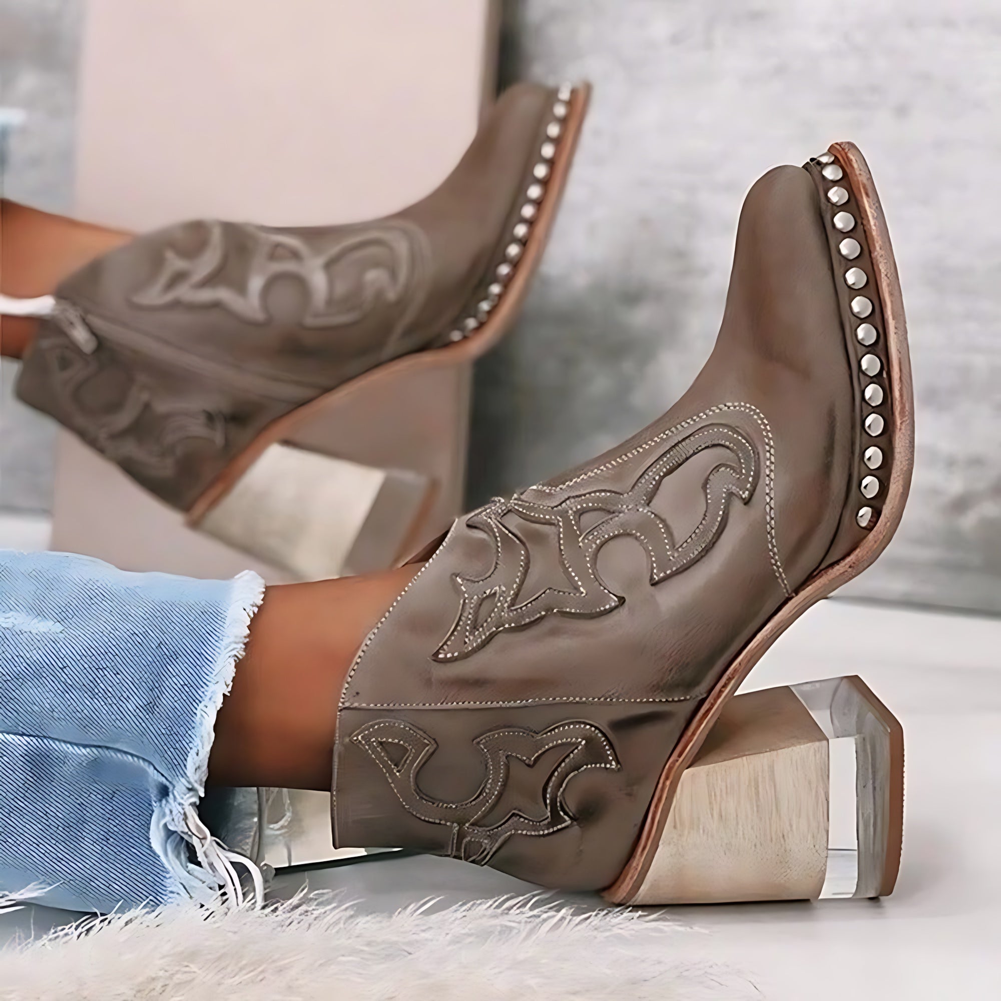 Abigail – Embroidered Block Heel Western Ankle Boots