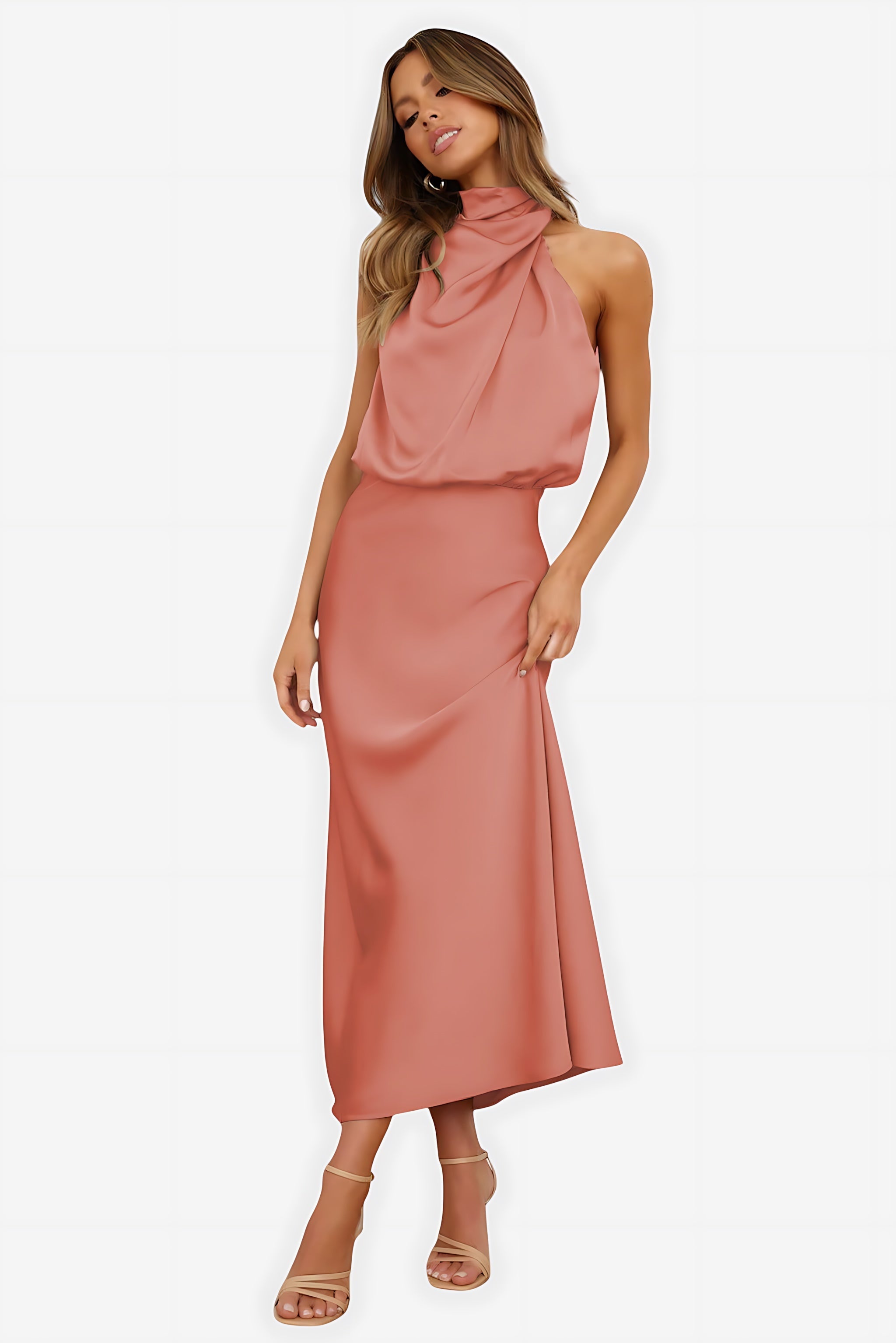 Abigail – Satin Halter Neck Cocktail Midi Dress