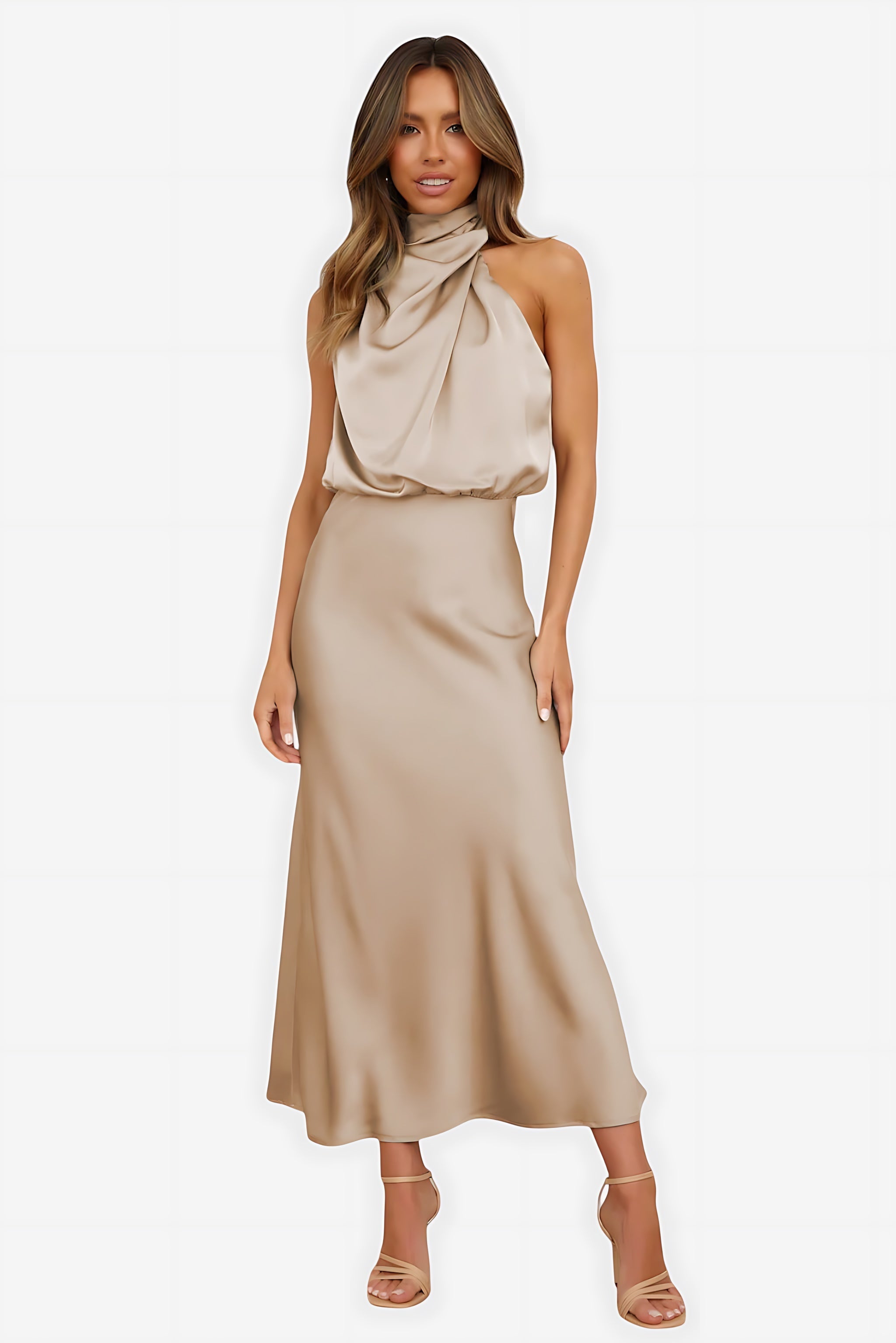 Abigail – Satin Halter Neck Cocktail Midi Dress