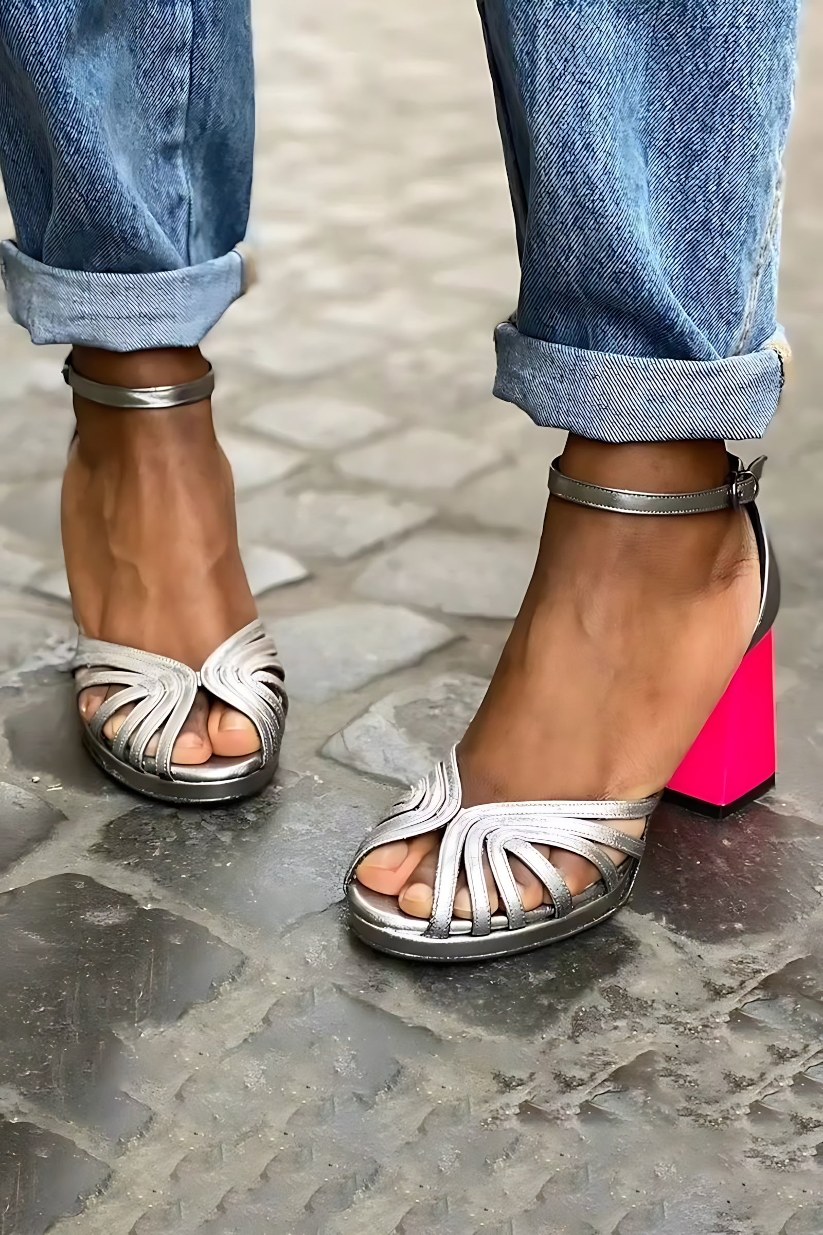Adaline – Metallic Strappy Block Heel Sandals