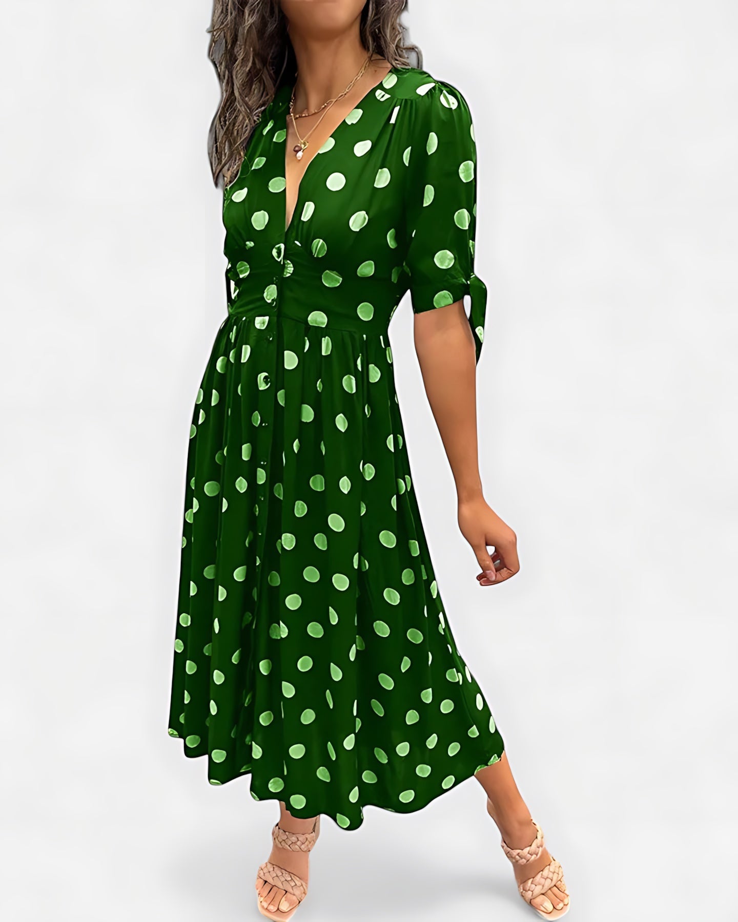 Adaline – Polka Dot Ruffle Sleeve V Neck Midi Dress