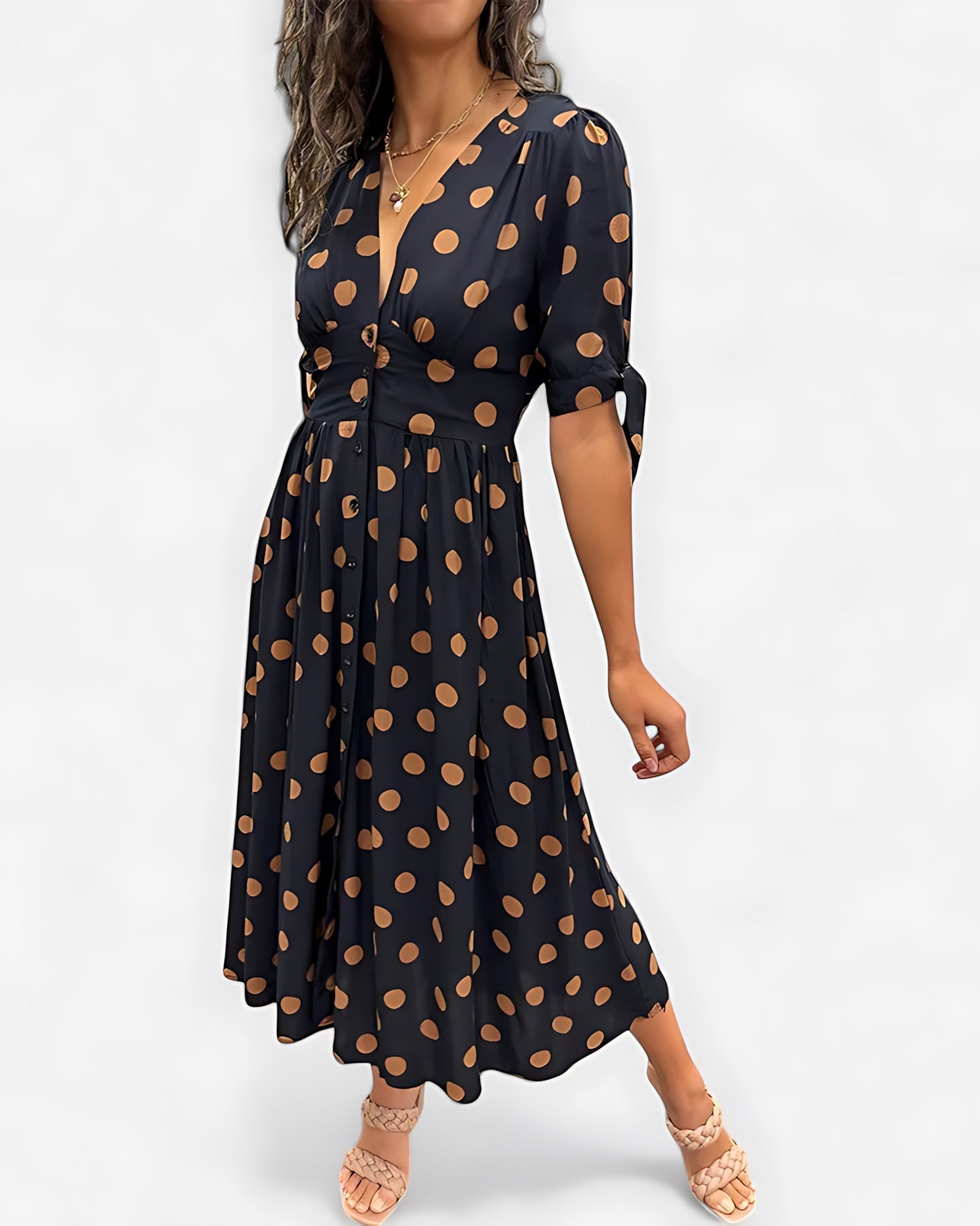 Adaline – Polka Dot Ruffle Sleeve V Neck Midi Dress